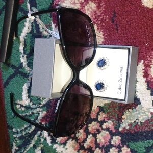 Blue Stud Earrings Cubic Zirconia New And Tahari Sunglasses Nwt